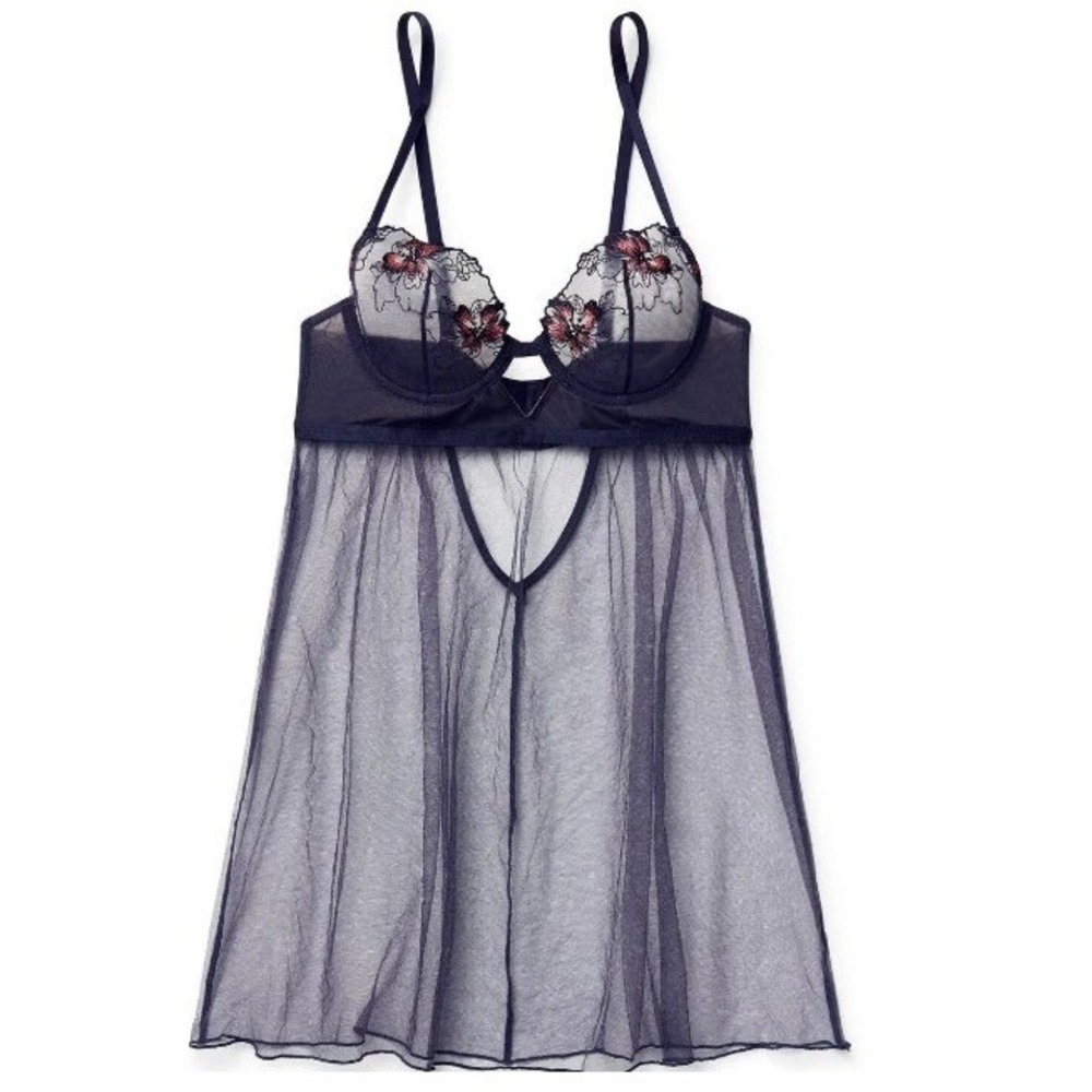 Adore Me Babydoll Chemise Mesh Lace 34B Navy Floral Sheer Lingerie Teddy Boudoir